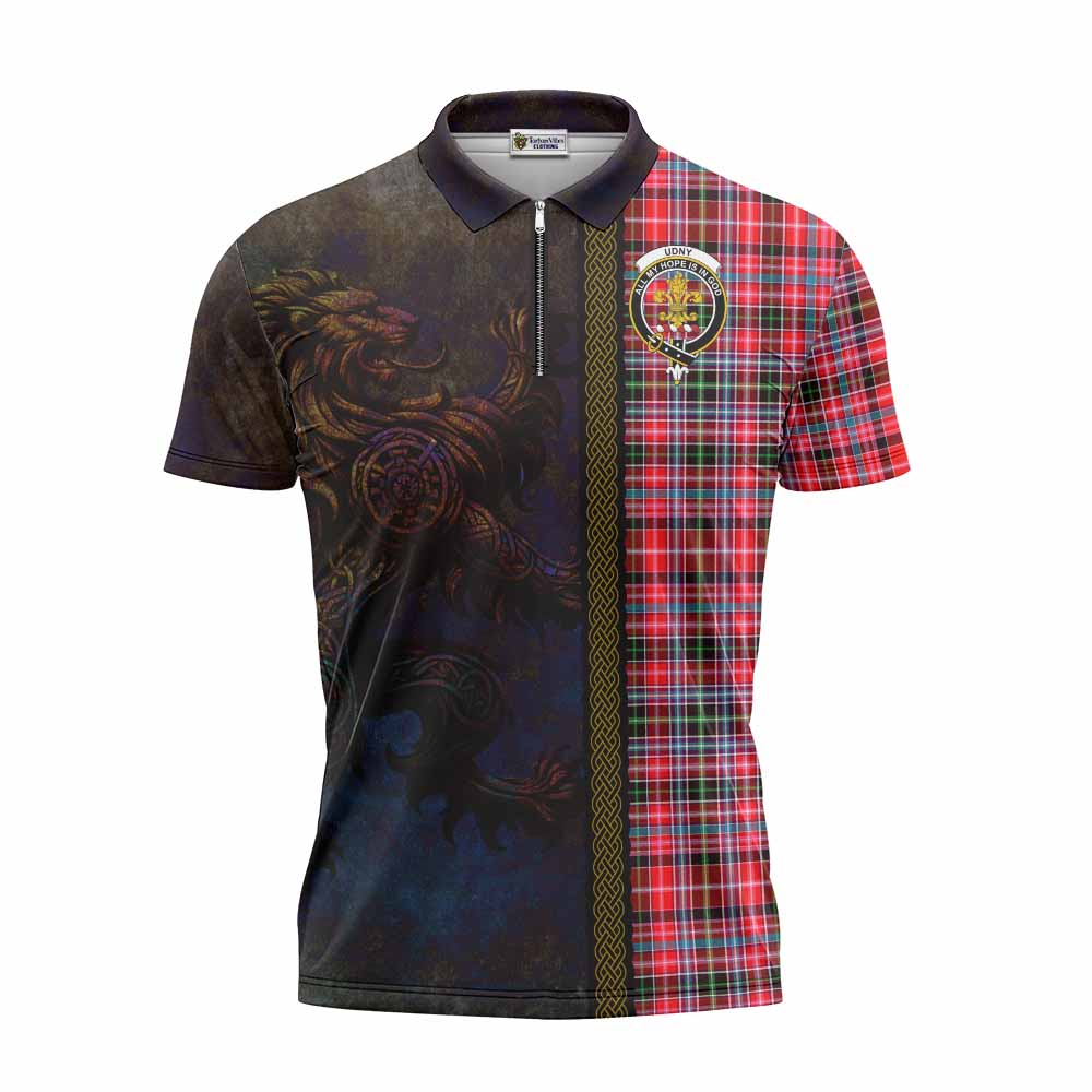 Tartan Vibes Clothing Udny Tartan Family Crest Zipper Polo Shirt Alba Gu Brath Be Brave Lion Ancient Style