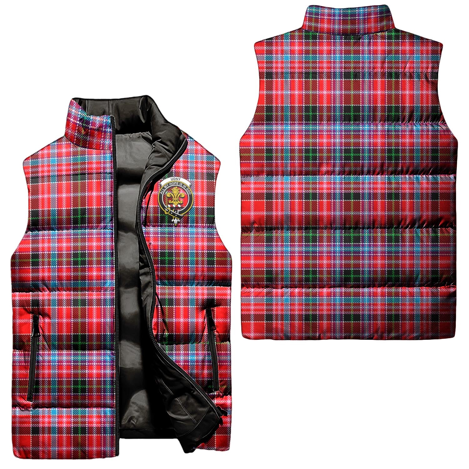 Udny Tartan Sleeveless Puffer Jacket with Family Crest Unisex - Tartan Vibes Clothing