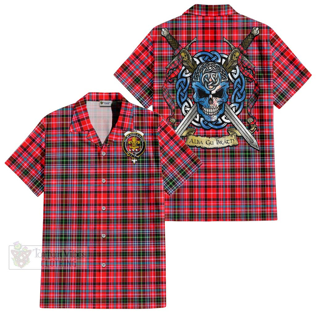 Tartan Vibes Clothing Udny Tartan Short Sleeve Button Shirt with Family Crest Celtic Skull Style