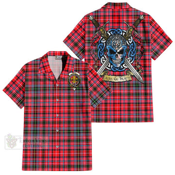 Tartan Vibes Clothing Udny Tartan Short Sleeve Button Shirt with Family Crest Celtic Skull Style
