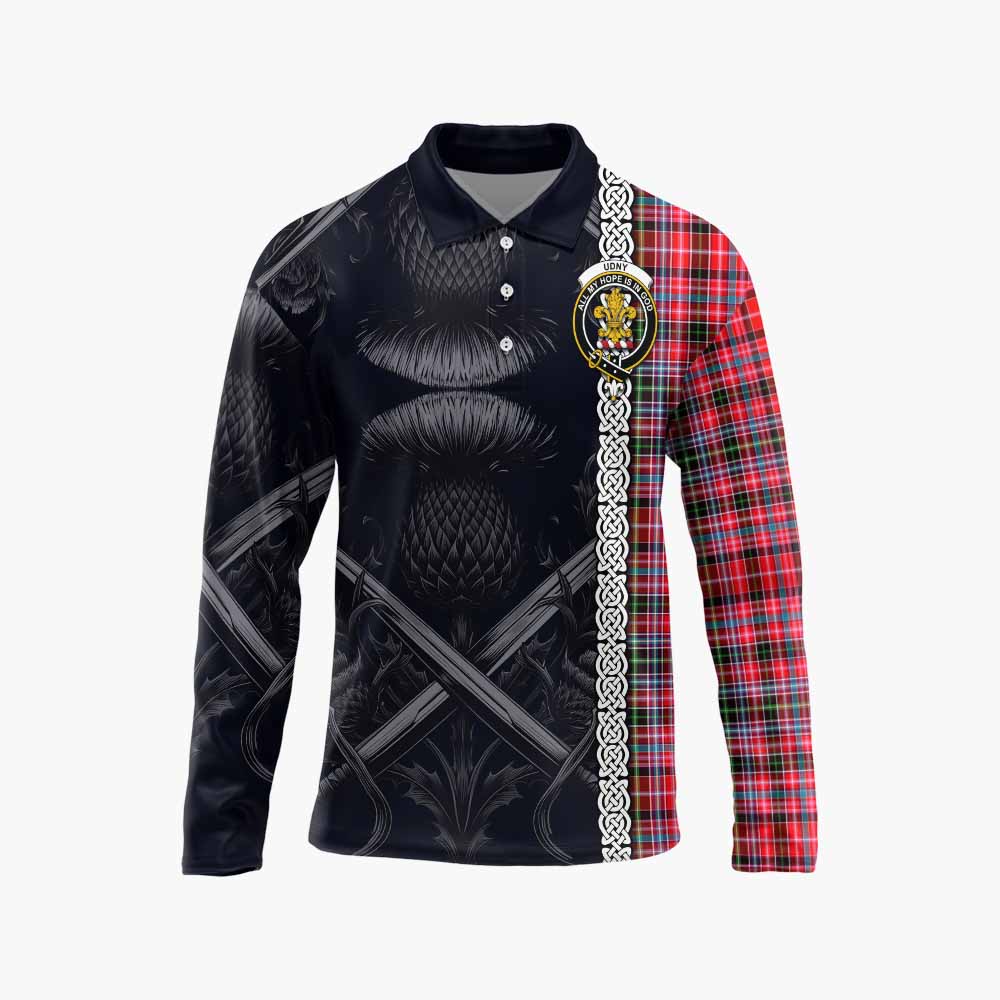 Tartan Vibes Clothing Udny Tartan Long Sleeve Polo Shirt with Family Crest Cross Sword Thistle Celtic Vibes