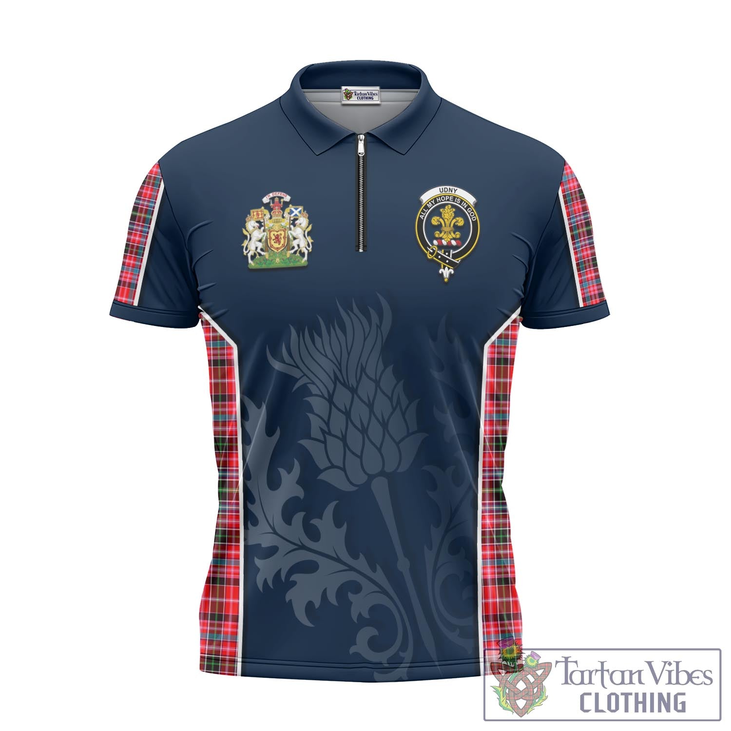Tartan Vibes Clothing Udny Tartan Zipper Polo Shirt with Family Crest and Scottish Thistle Vibes Sport Style