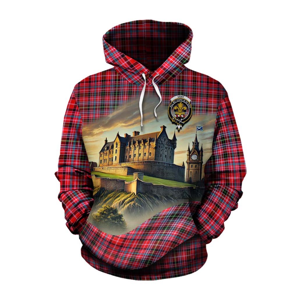 Tartan Vibes Clothing Udny Tartan Family Crest Cotton Hoodie with Scottish Ancient Castle Style