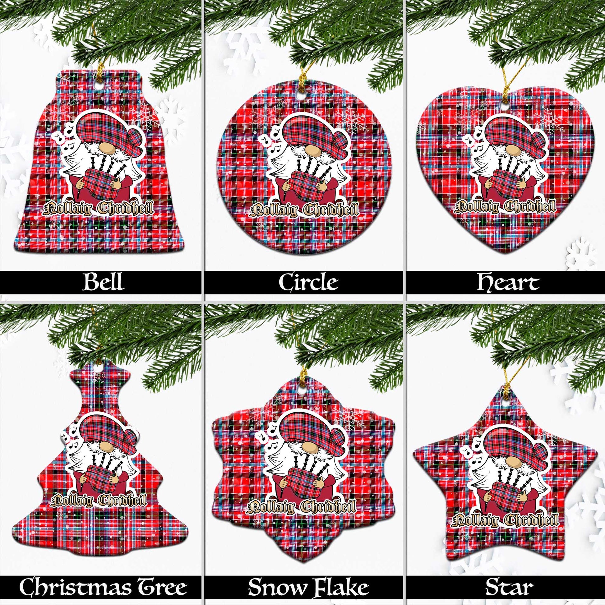 Udny Tartan Christmas Ceramic Ornaments with Scottish Gnome Playing Bagpipes Ceramic - Tartan Vibes Clothing