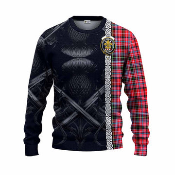 Tartan Vibes Clothing Udny Tartan Knitted Sweater with Family Crest Cross Sword Thistle Celtic Vibes