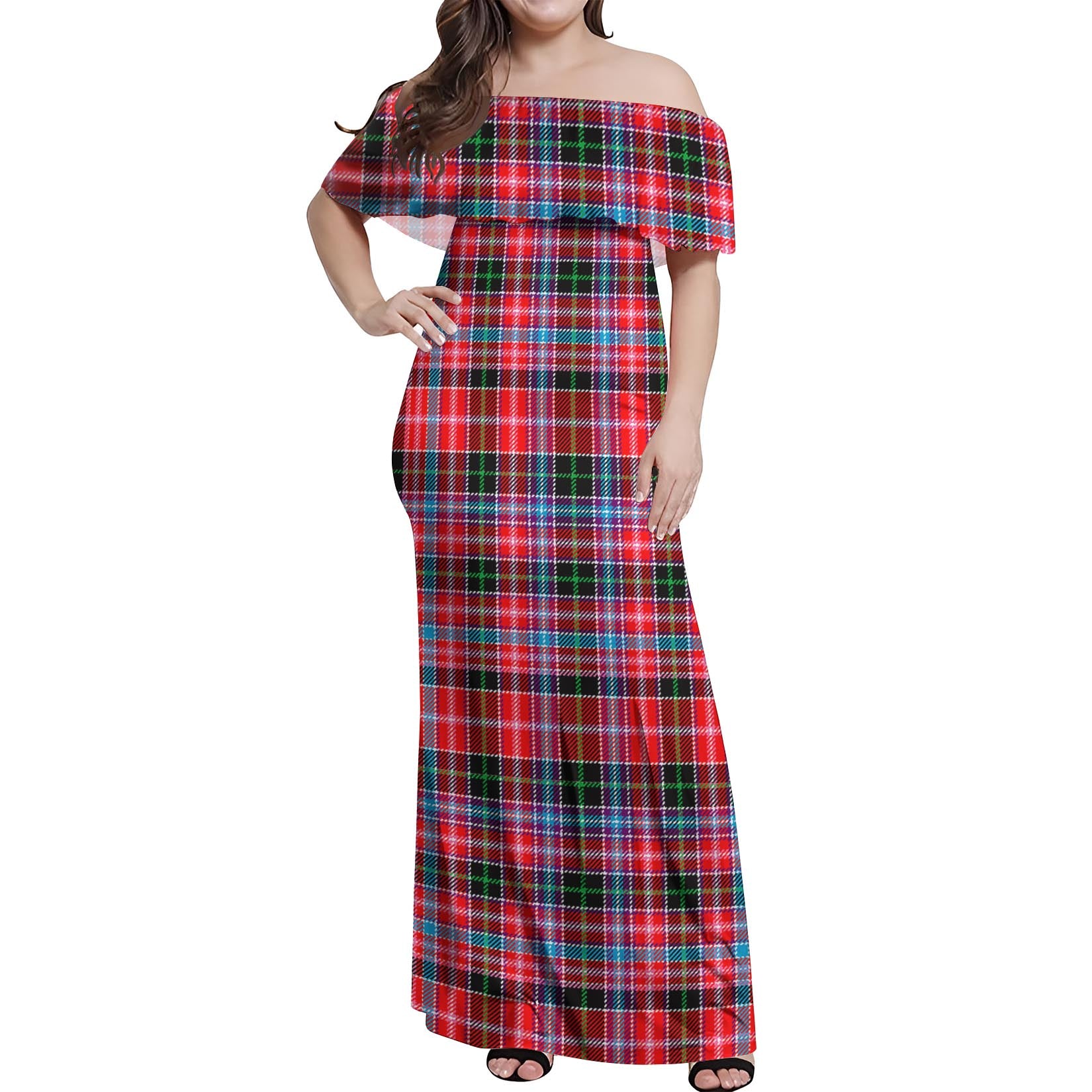 Udny Tartan Off Shoulder Long Dress Women's Dress - Tartan Vibes Clothing