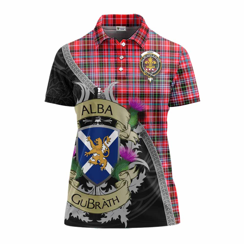 Tartan Vibes Clothing Udny Tartan Family Crest Women's Polo Shirt Lion Rampant Royal Thistle Shield Celtic Inspired