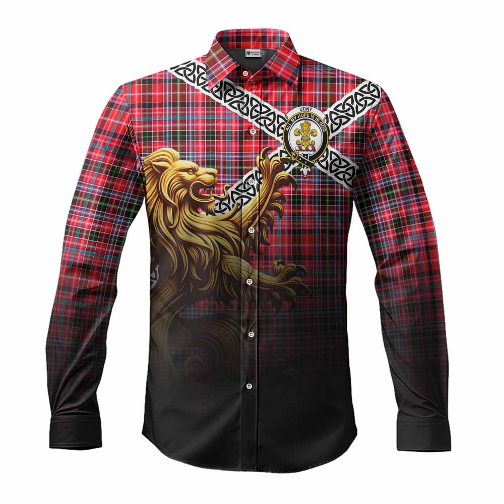 Tartan Vibes Clothing Udny Crest Tartan Long Sleeve Button Shirt with Golden Lion Emblem Celtic Style
