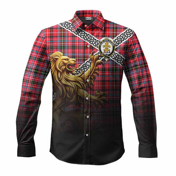 Tartan Vibes Clothing Udny Crest Tartan Long Sleeve Button Shirt with Golden Lion Emblem Celtic Style