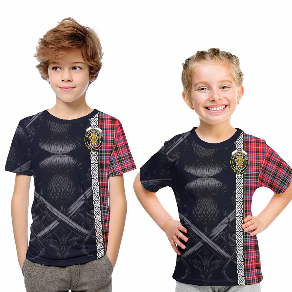 Tartan Vibes Clothing Udny Tartan Kid T-Shirt with Family Crest Cross Sword Thistle Celtic Vibes