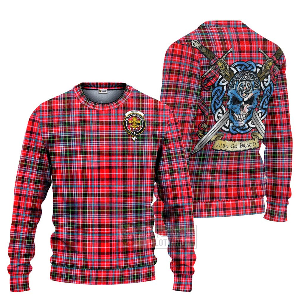 Tartan Vibes Clothing Udny Tartan Knitted Sweater with Family Crest Celtic Skull Style
