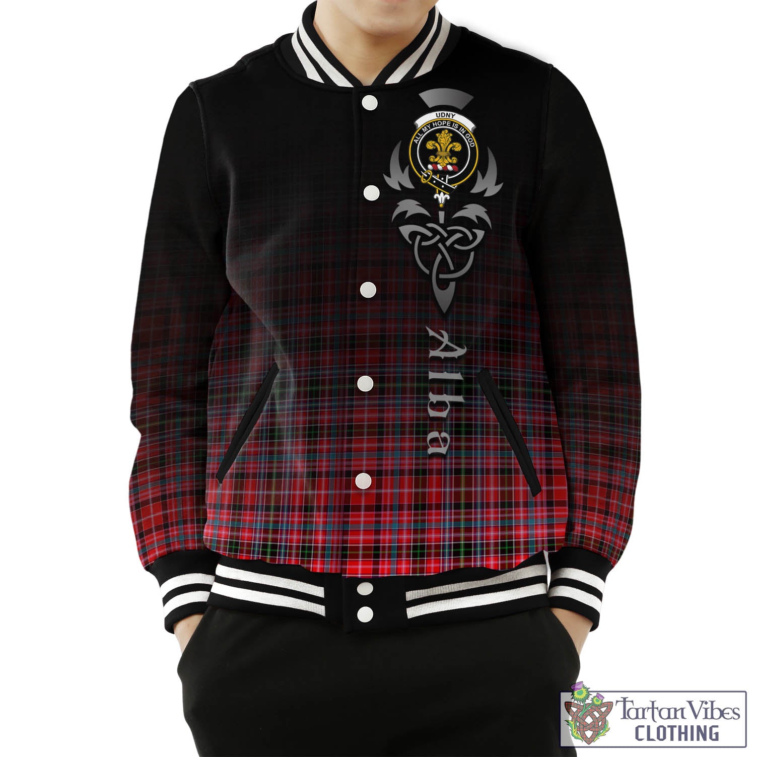 Tartan Vibes Clothing Udny Tartan Baseball Jacket Featuring Alba Gu Brath Family Crest Celtic Inspired
