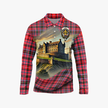 Tartan Vibes Clothing Udny Tartan Family Crest Long Sleeve Polo Shirt with Scottish Ancient Castle Style