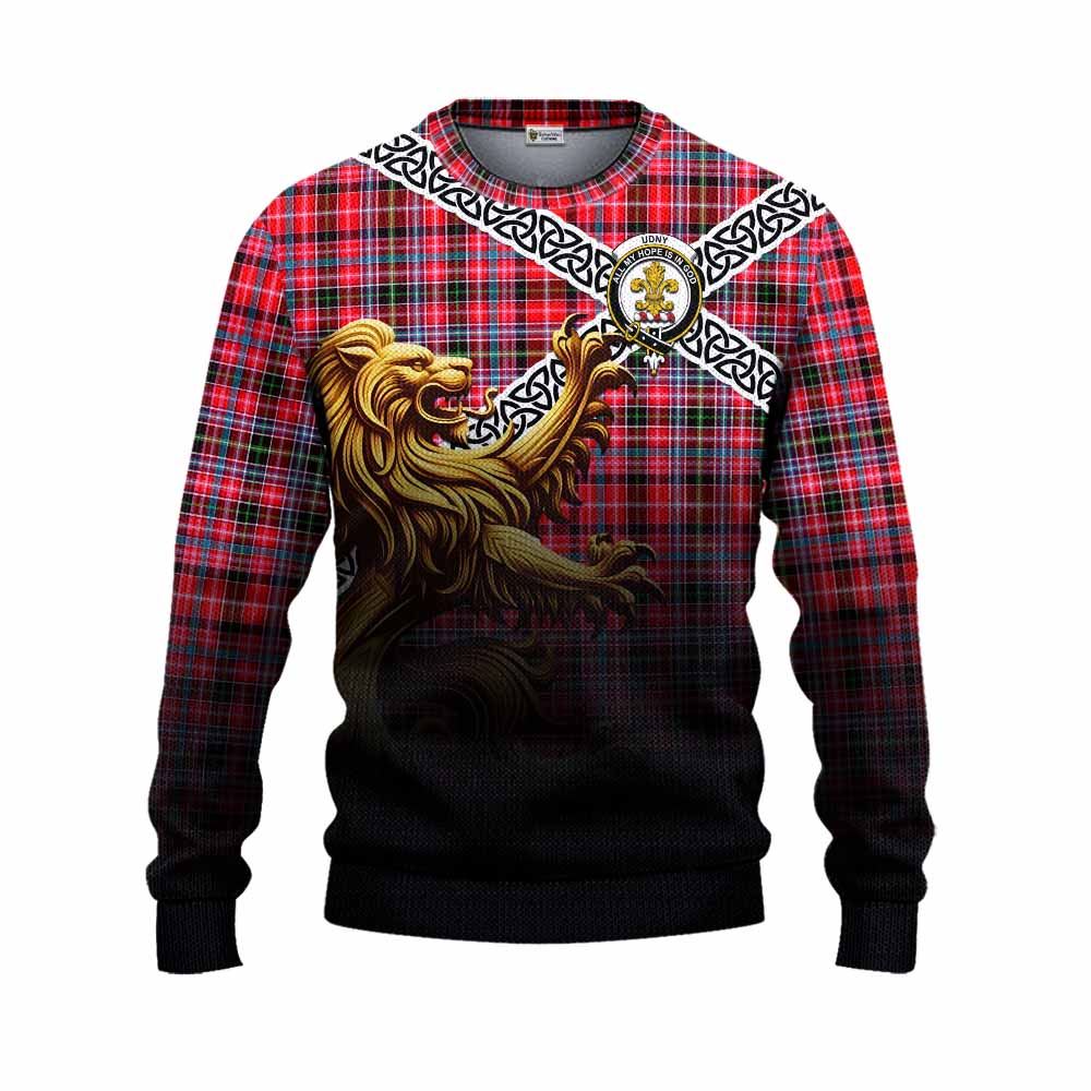 Tartan Vibes Clothing Udny Crest Tartan Knitted Sweater with Golden Lion Emblem Celtic Style