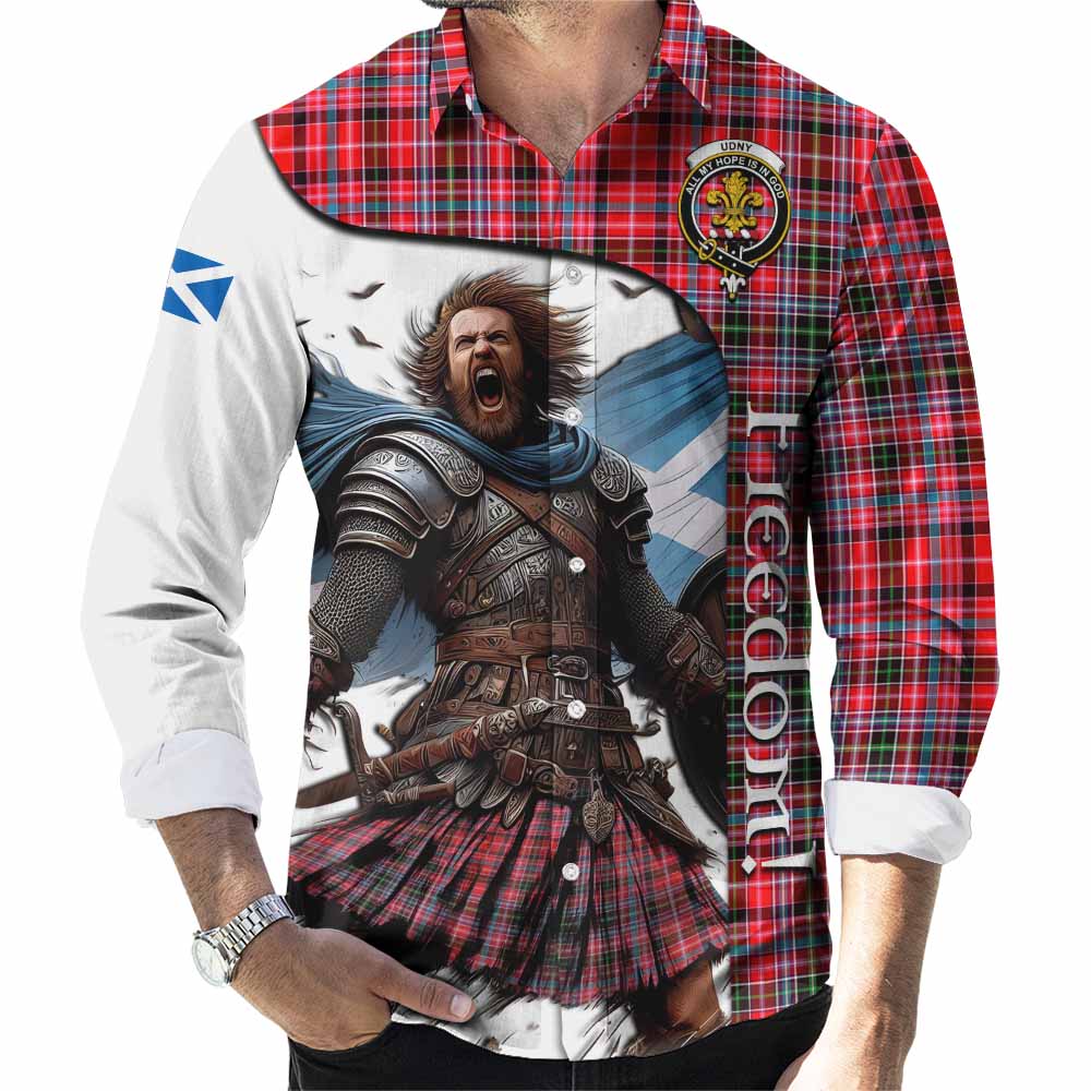 Tartan Vibes Clothing Udny Crest Tartan Long Sleeve Button Shirt Inspired by the Freedom of Scottish Warrior
