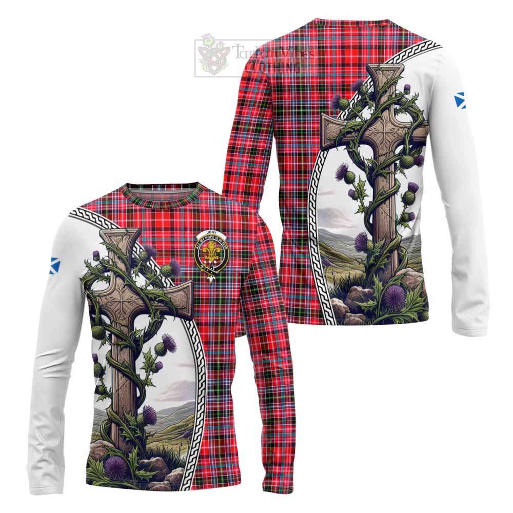 Tartan Vibes Clothing Udny Tartan Long Sleeve T-Shirt with Family Crest and St. Andrew's Cross Accented by Thistle Vines