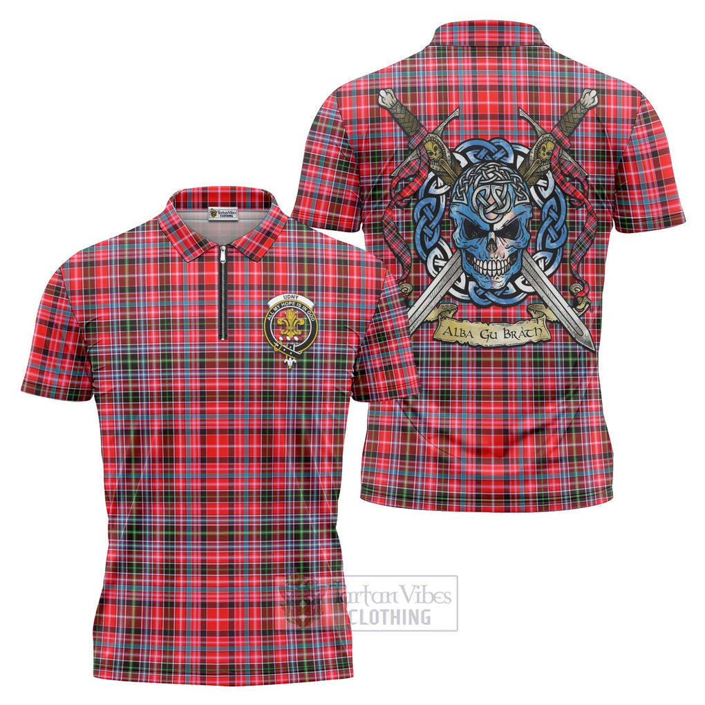 Tartan Vibes Clothing Udny Tartan Zipper Polo Shirt with Family Crest Celtic Skull Style