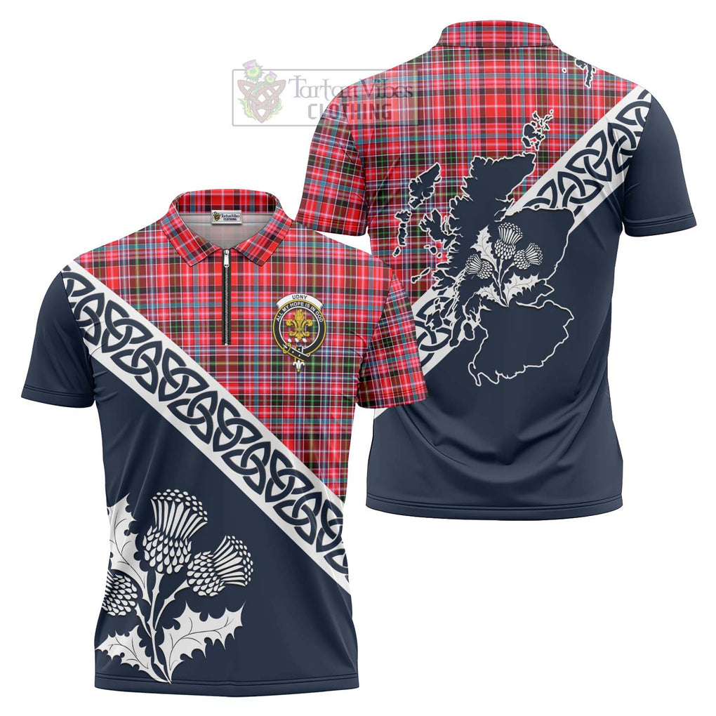 Udny Tartan Zipper Polo Shirt Featuring Thistle and Scotland Map Unisex - Tartanvibesclothing Store