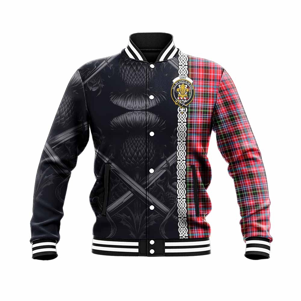 Tartan Vibes Clothing Udny Tartan Baseball Jacket with Family Crest Cross Sword Thistle Celtic Vibes