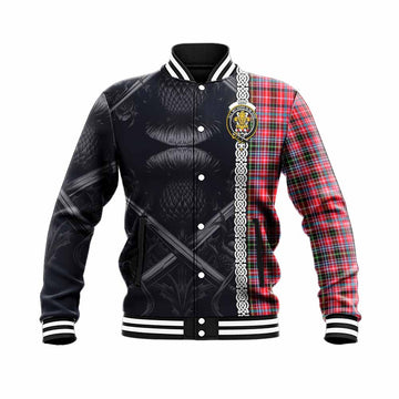Tartan Vibes Clothing Udny Tartan Baseball Jacket with Family Crest Cross Sword Thistle Celtic Vibes