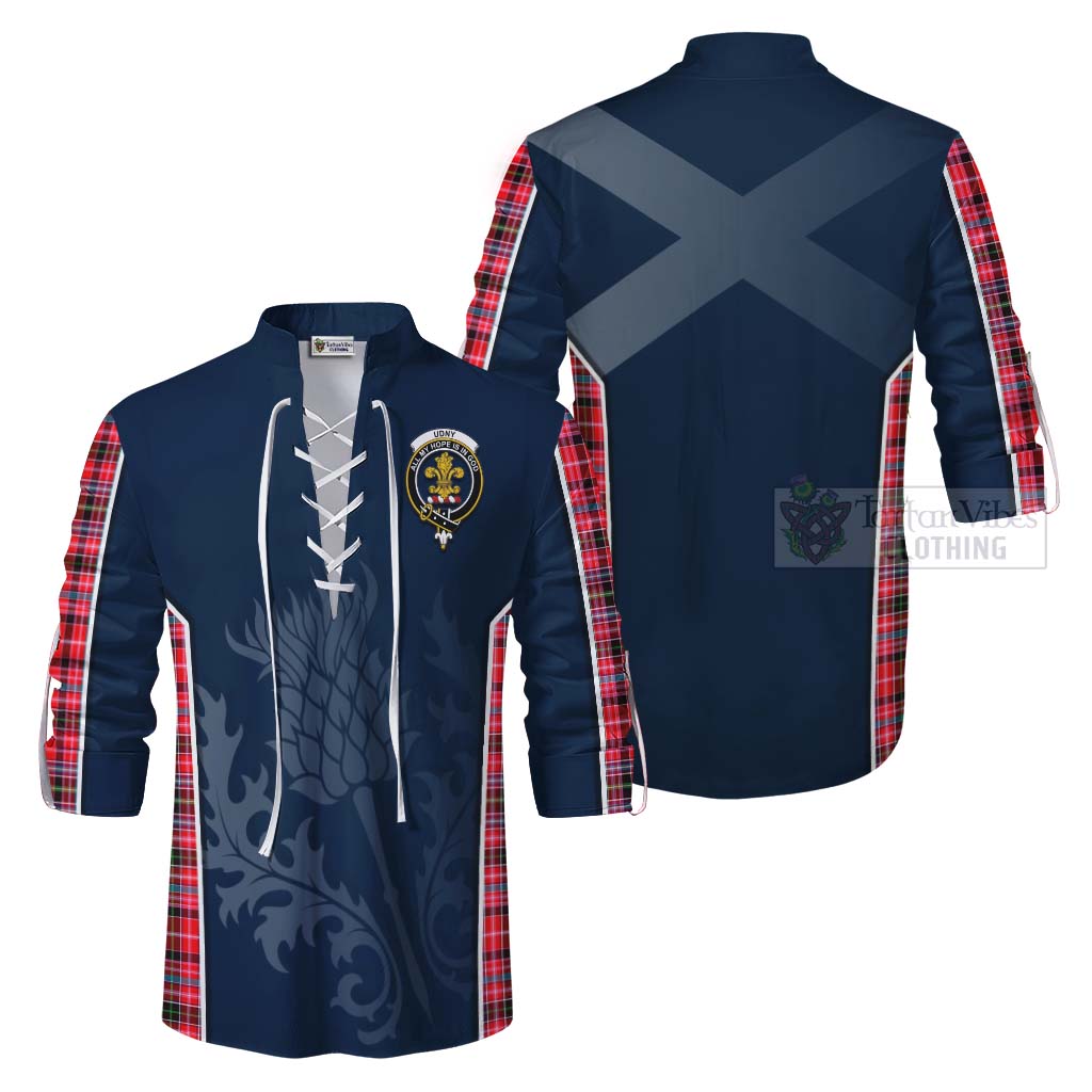 Tartan Vibes Clothing Udny Tartan Ghillie Kilt Shirt with Family Crest and Scottish Thistle Vibes Sport Style