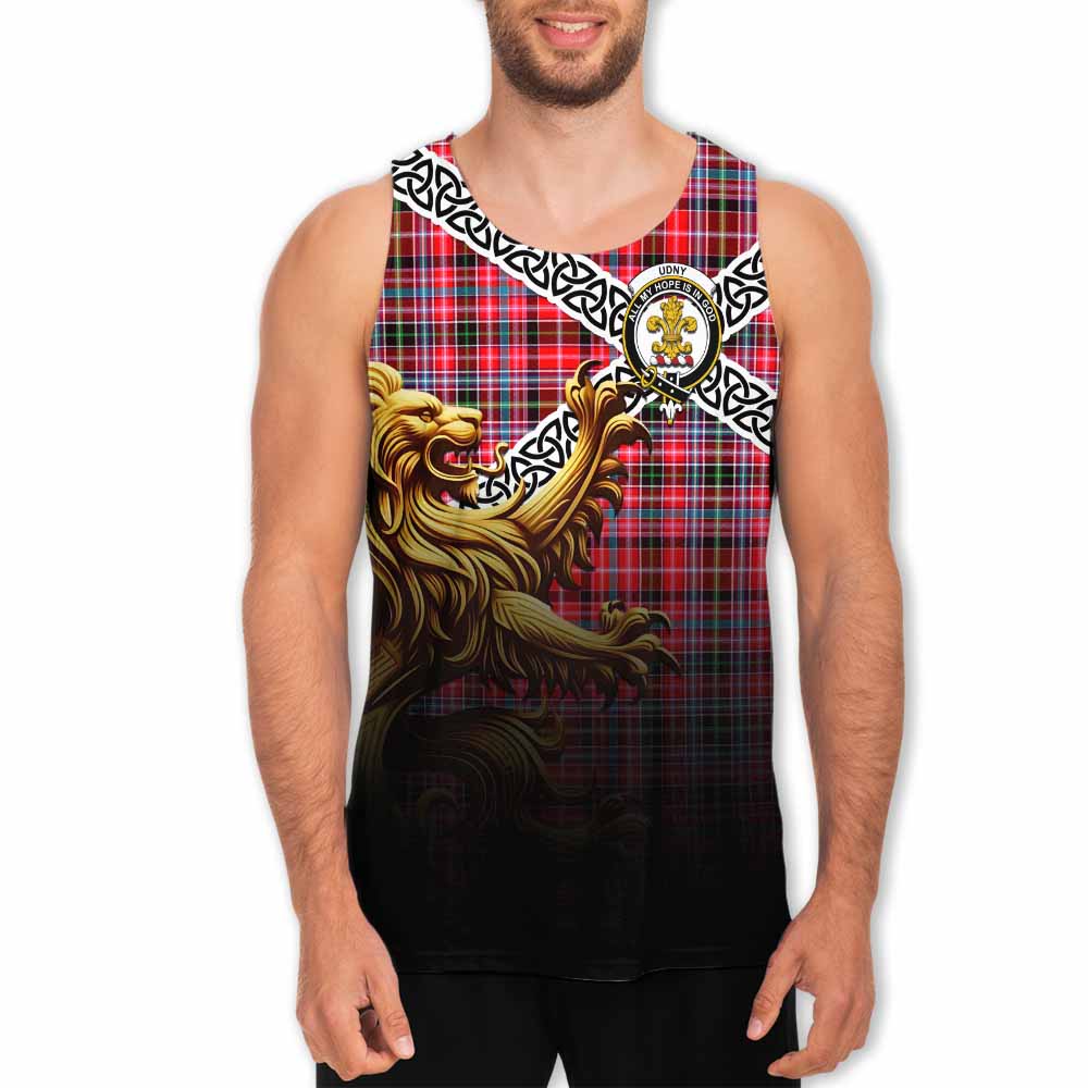 Tartan Vibes Clothing Udny Crest Tartan Men's Tank Top with Golden Lion Emblem Celtic Style