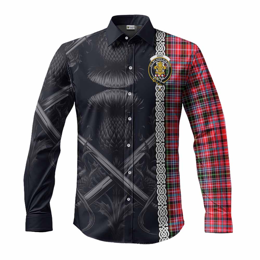 Tartan Vibes Clothing Udny Tartan Long Sleeve Button Shirt with Family Crest Cross Sword Thistle Celtic Vibes
