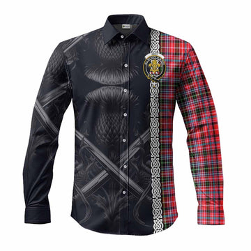 Tartan Vibes Clothing Udny Tartan Long Sleeve Button Shirt with Family Crest Cross Sword Thistle Celtic Vibes
