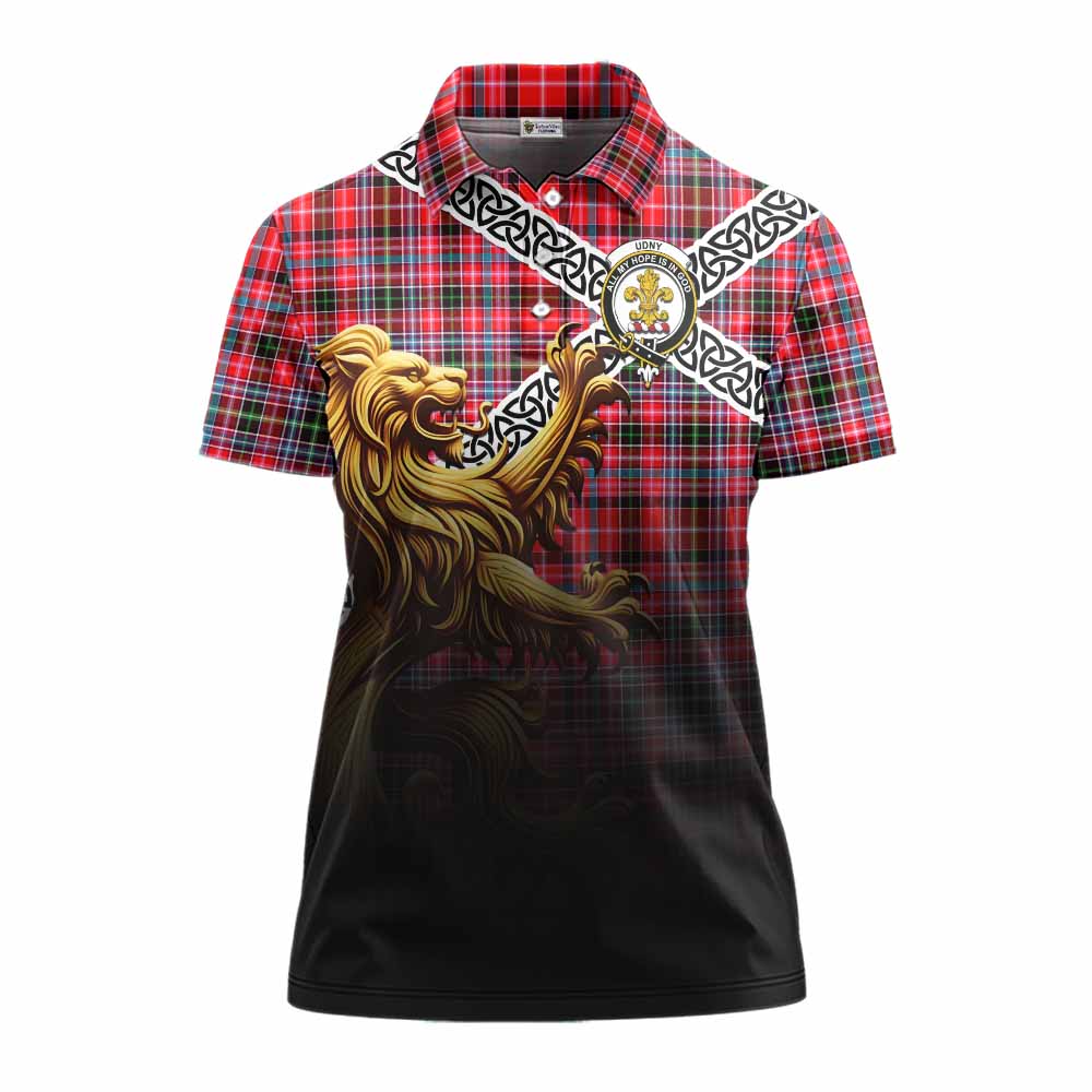 Tartan Vibes Clothing Udny Crest Tartan Women's Polo Shirt with Golden Lion Emblem Celtic Style