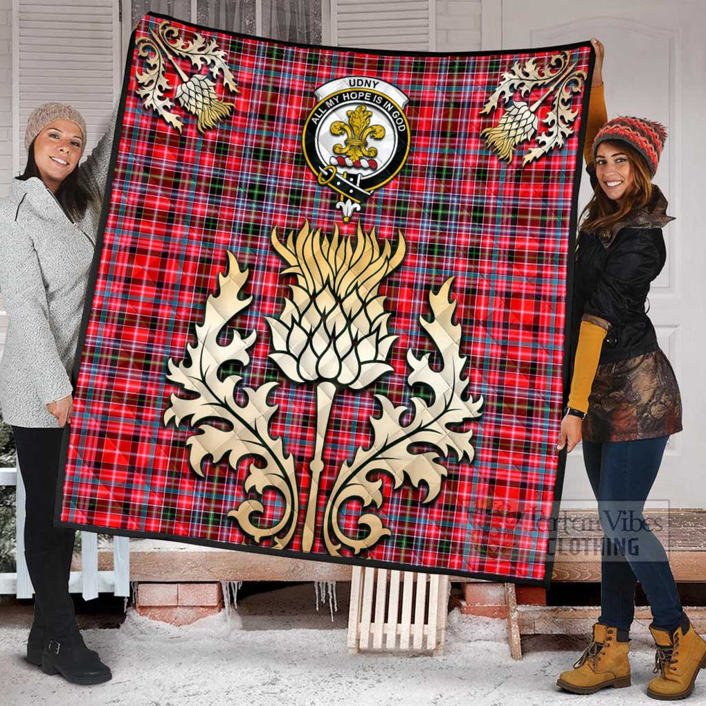 Tartan Vibes Clothing Udny Tartan Quilt with Family Crest and Golden Thistle Style