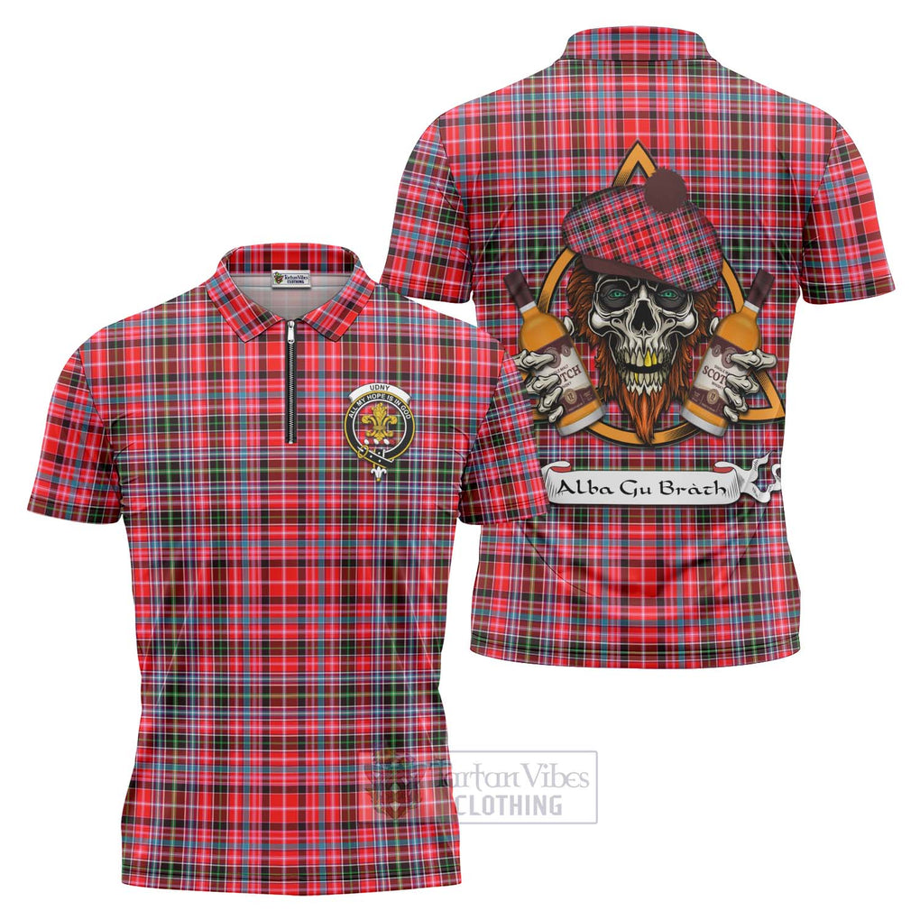 Tartan Vibes Clothing Udny Tartan Zipper Polo Shirt with Family Crest and Bearded Skull Holding Bottles of Whiskey