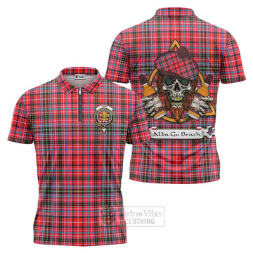 Tartan Vibes Clothing Udny Tartan Zipper Polo Shirt with Family Crest and Bearded Skull Holding Bottles of Whiskey