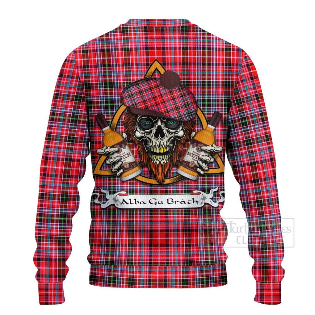 Tartan Vibes Clothing Udny Tartan Knitted Sweater with Family Crest and Bearded Skull Holding Bottles of Whiskey