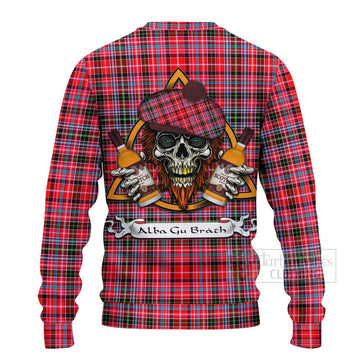 Tartan Vibes Clothing Udny Tartan Knitted Sweater with Family Crest and Bearded Skull Holding Bottles of Whiskey