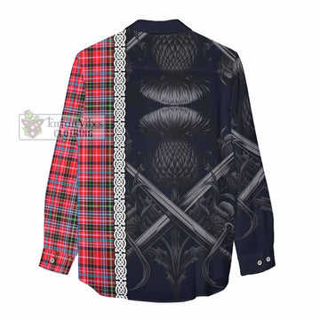 Tartan Vibes Clothing Udny Tartan Women's Casual Shirt with Family Crest Cross Sword Thistle Celtic Vibes