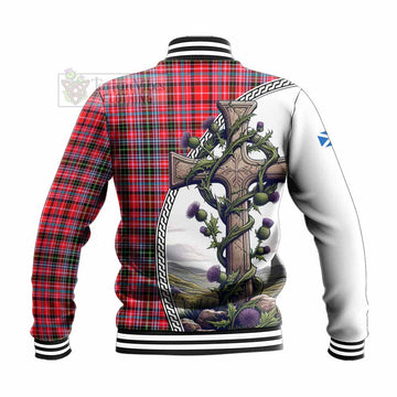 Tartan Vibes Clothing Udny Tartan Baseball Jacket with Family Crest and St. Andrew's Cross Accented by Thistle Vines