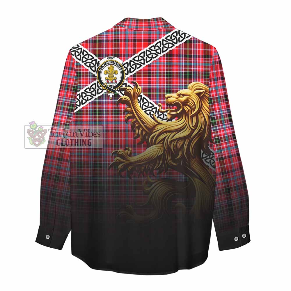 Tartan Vibes Clothing Udny Crest Tartan Women's Casual Shirt with Golden Lion Emblem Celtic Style