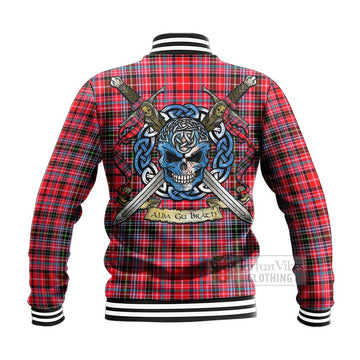 Tartan Vibes Clothing Udny Tartan Baseball Jacket with Family Crest Celtic Skull Style