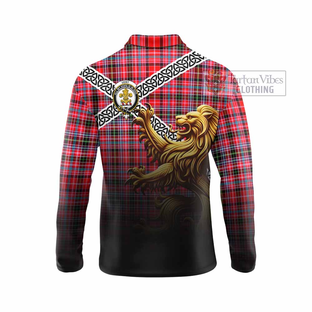 Tartan Vibes Clothing Udny Crest Tartan Long Sleeve Polo Shirt with Golden Lion Emblem Celtic Style