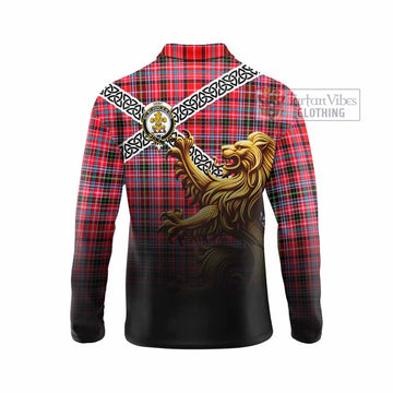 Tartan Vibes Clothing Udny Crest Tartan Long Sleeve Polo Shirt with Golden Lion Emblem Celtic Style