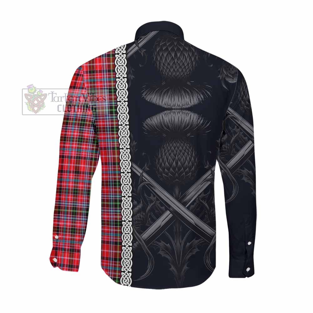 Tartan Vibes Clothing Udny Tartan Long Sleeve Button Shirt with Family Crest Cross Sword Thistle Celtic Vibes