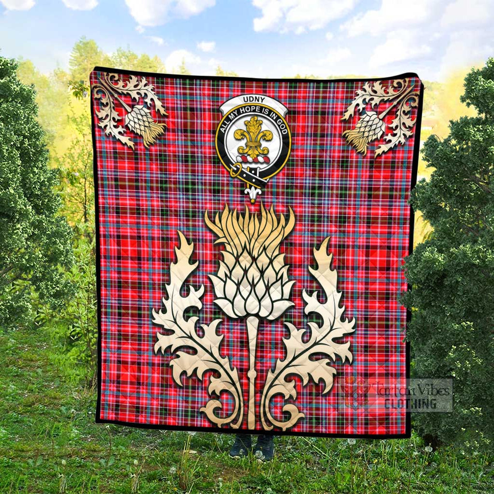 Tartan Vibes Clothing Udny Tartan Quilt with Family Crest and Golden Thistle Style