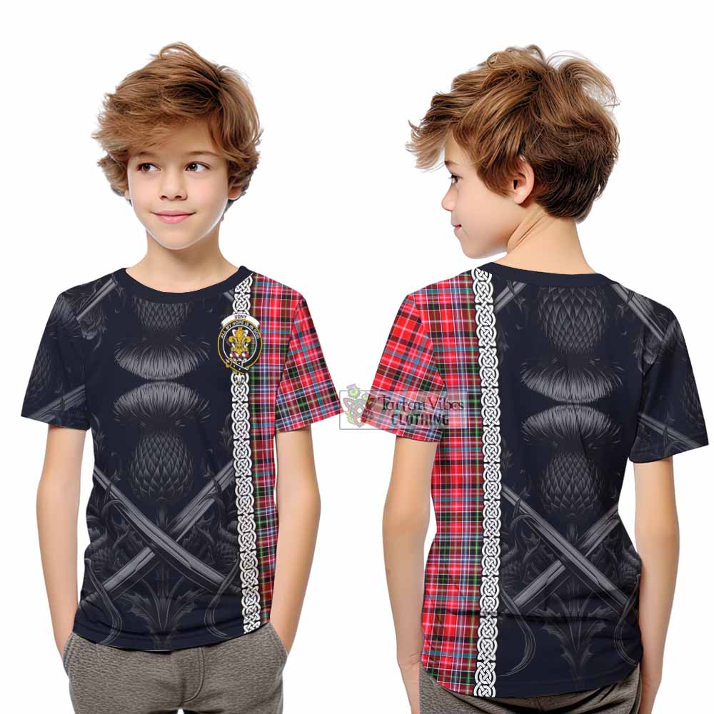 Tartan Vibes Clothing Udny Tartan Kid T-Shirt with Family Crest Cross Sword Thistle Celtic Vibes
