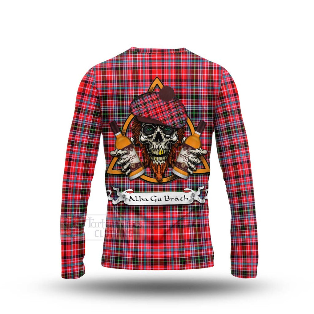 Tartan Vibes Clothing Udny Tartan Long Sleeve T-Shirt with Family Crest and Bearded Skull Holding Bottles of Whiskey