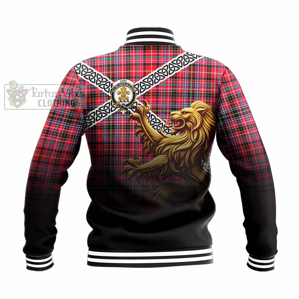 Tartan Vibes Clothing Udny Crest Tartan Baseball Jacket with Golden Lion Emblem Celtic Style