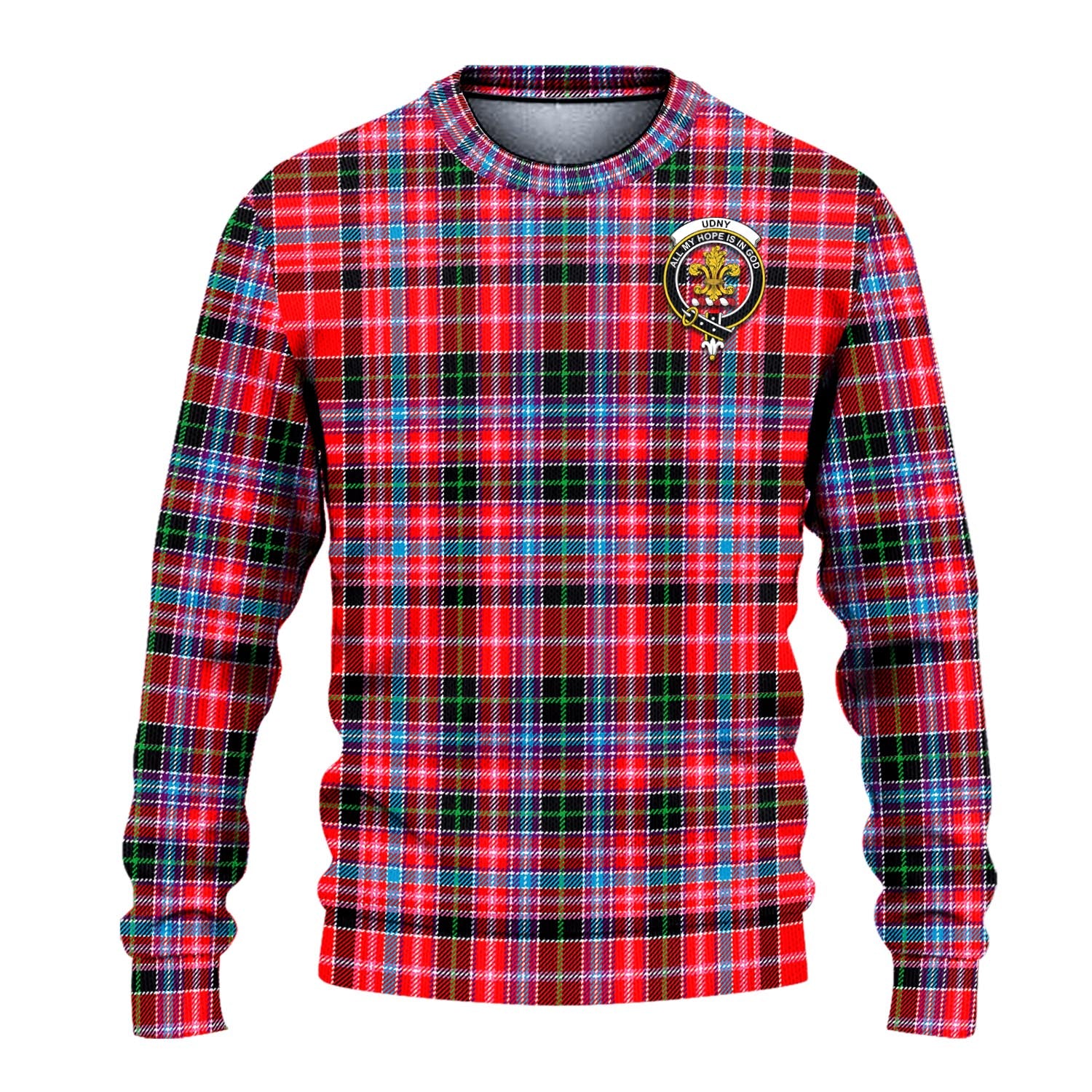 Udny Tartan Knitted Sweater with Family Crest - Tartanvibesclothing