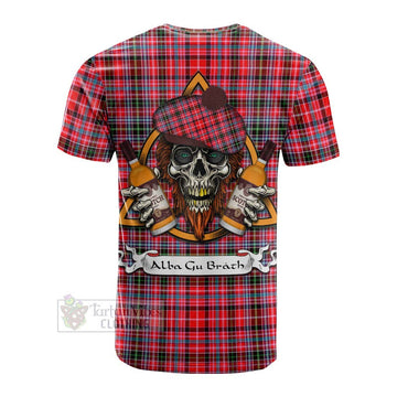 Tartan Vibes Clothing Udny Tartan Cotton T-shirt with Family Crest and Bearded Skull Holding Bottles of Whiskey