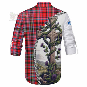 Tartan Vibes Clothing Udny Tartan Ghillie Kilt Shirt with Family Crest and St. Andrew's Cross Accented by Thistle Vines