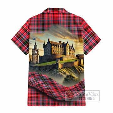 Tartan Vibes Clothing Udny Tartan Family Crest Short Sleeve Button Shirt with Scottish Ancient Castle Style