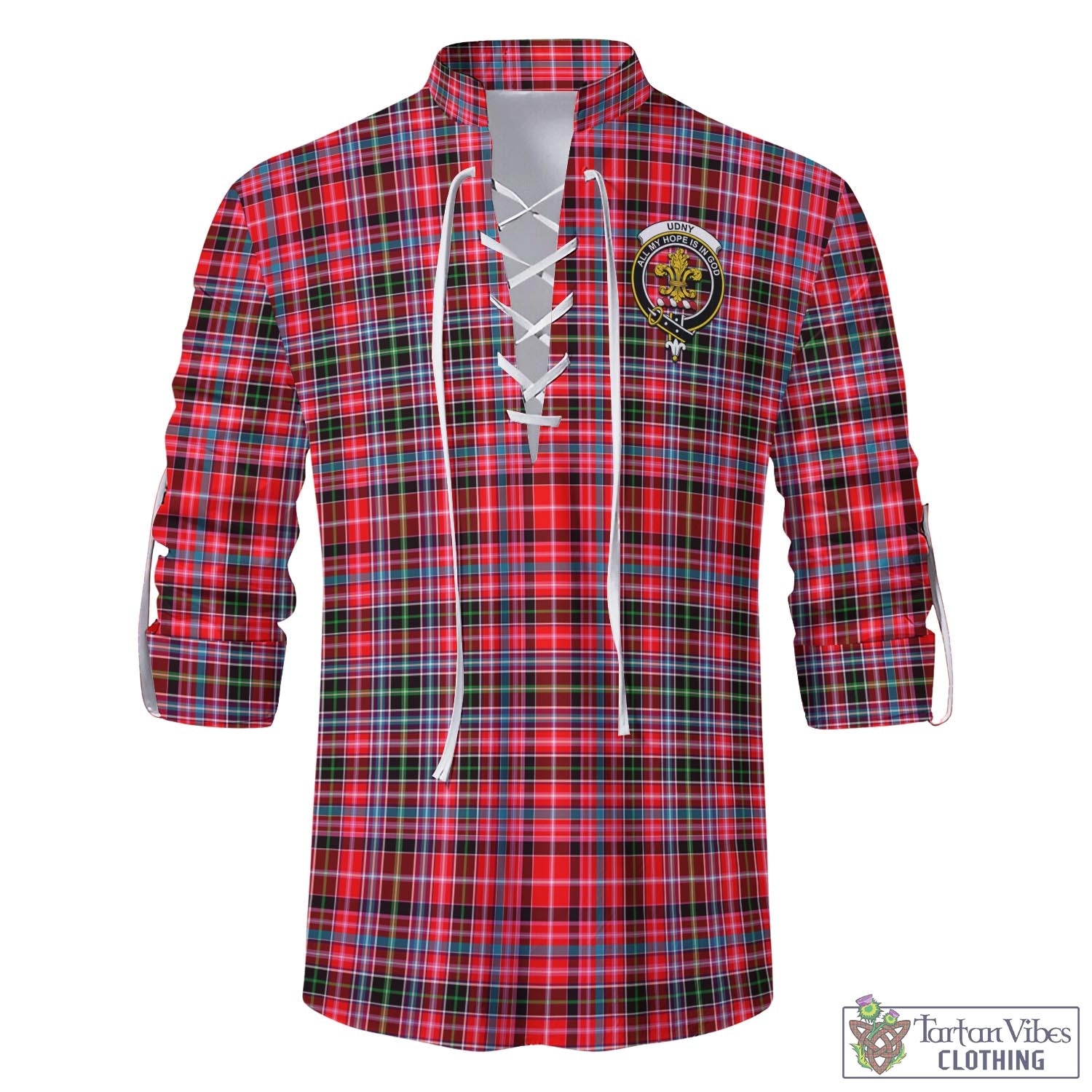 Tartan Vibes Clothing Udny Tartan Men's Scottish Traditional Jacobite Ghillie Kilt Shirt with Family Crest